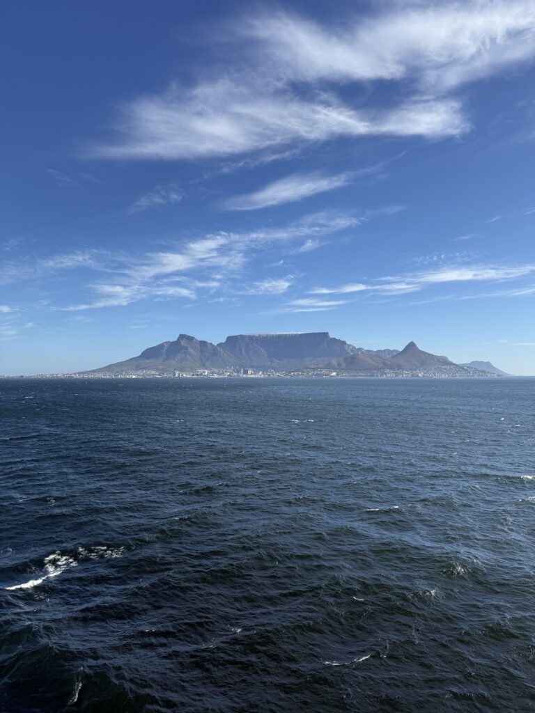 View from the deck of the Azamara South Africa cruise looking at Cape Town and Table Mountain