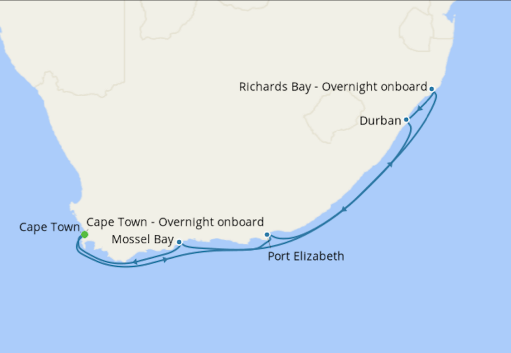 Visual of the route. A map showing the route of the Azamara South Africa Cruise. 