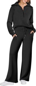Black comfortable travel outfit set for women - wrinkle-free loungewear for long flights. 