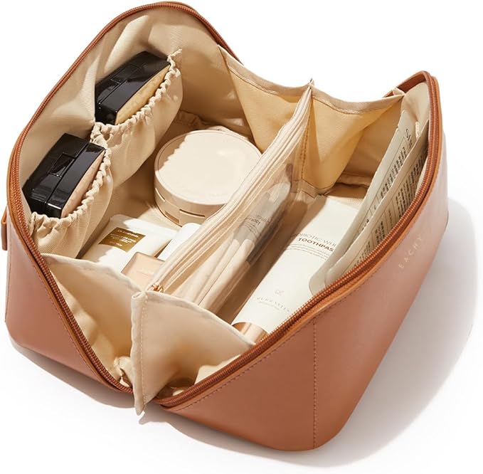 Luxury travel toiletry bag organizer with compartments - brown leather makeup storage for honeymoons. amazon prime day travel essentials 2025.