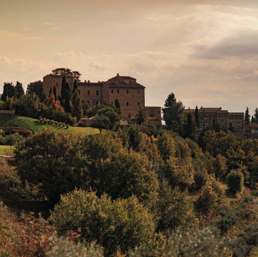 Historic Tuscan wine estate villa surrounded by olive groves and vineyards in Chianti region Italy