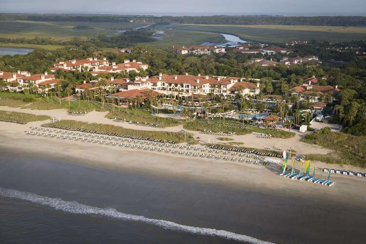 Sea Island Resort Georgia aerial view of beachfront property and private beach for couples getaway