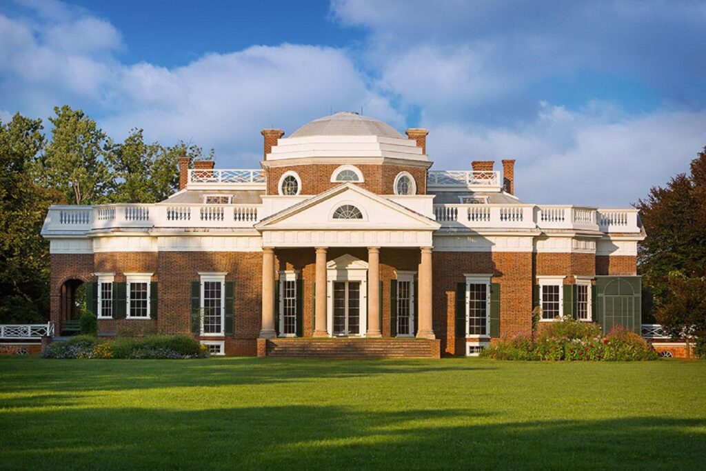 Thomas Jefferson's Monticello estate in Charlottesville Virginia featuring neoclassical architecture, iconic dome, and historic vineyards for America's 250th anniversary celebration in 2026