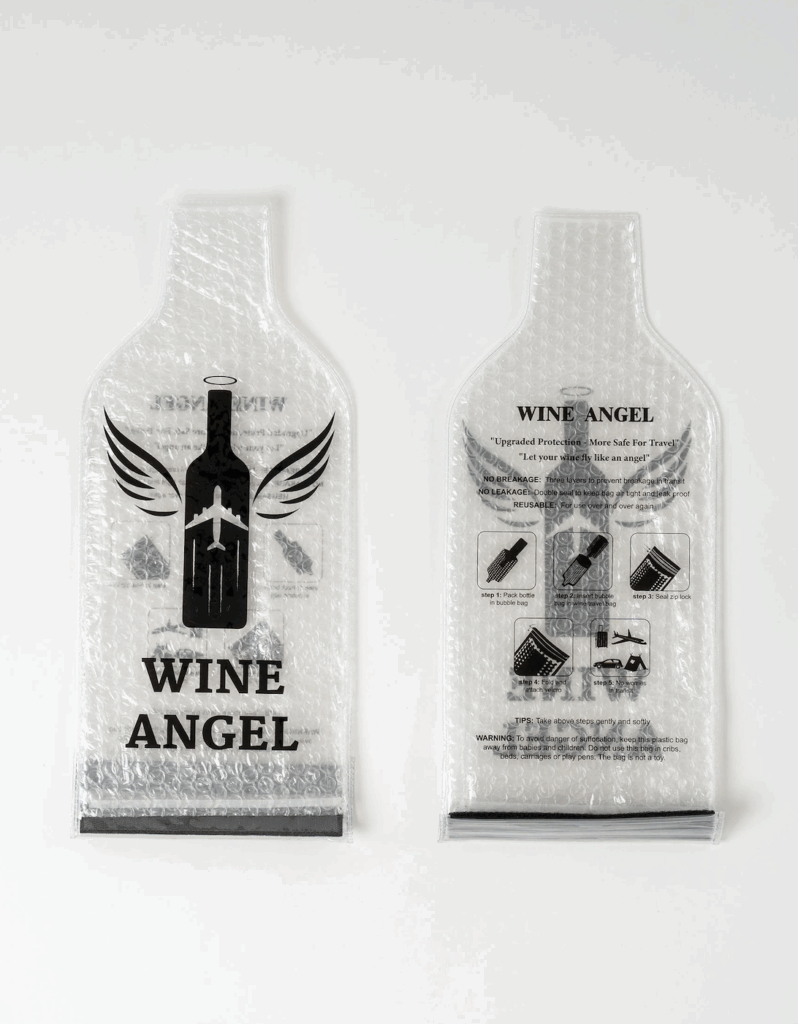 Wine Angel inflatable bottle protector sleeves for safely packing wine in luggage, essential travel gift for wine lovers
