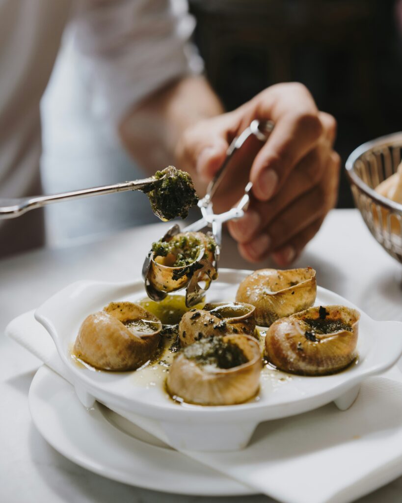 Traditional Burgundy escargots with garlic herb butter, classic French culinary experience for wine travelers