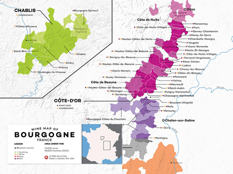 Detailed Burgundy wine region map showing Chablis, Côte de Nuits, Côte de Beaune, and Côte Chalonnaise appellations for wine travel planning
