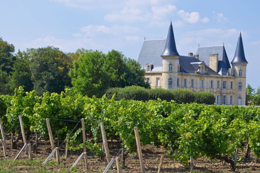 Historic Bordeaux château surrounded by vineyard rows in the French wine region