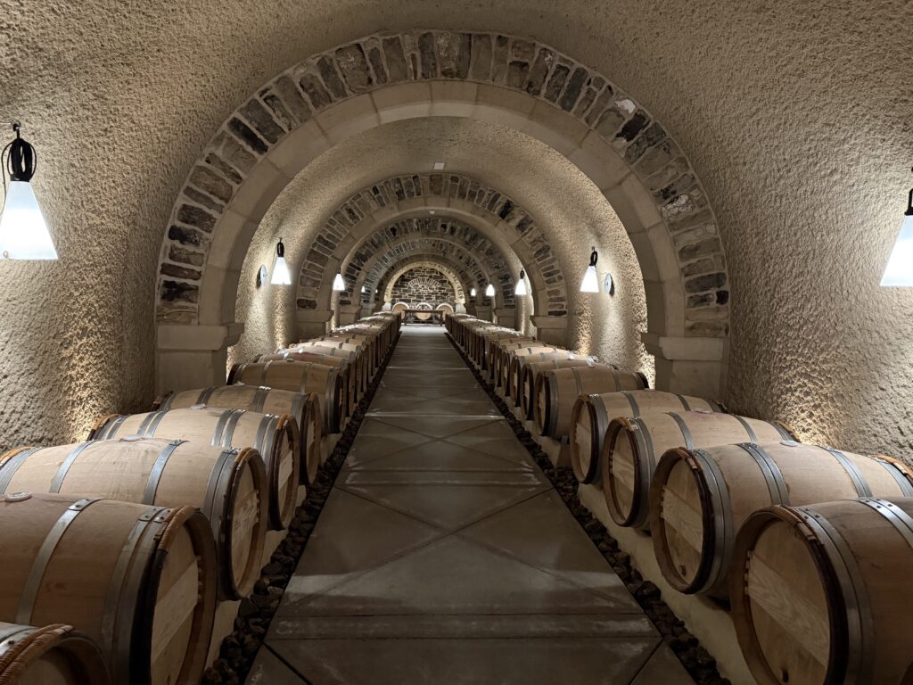 Underground barrel cellar at Lost Mountain Vineyards with rows of oak barrels aging Bordeaux-style wines.