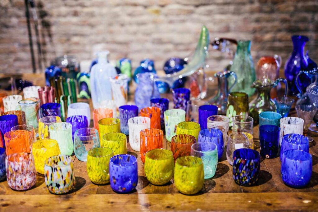 Handmade Murano glass in Venice Italy displayed in vibrant colors
