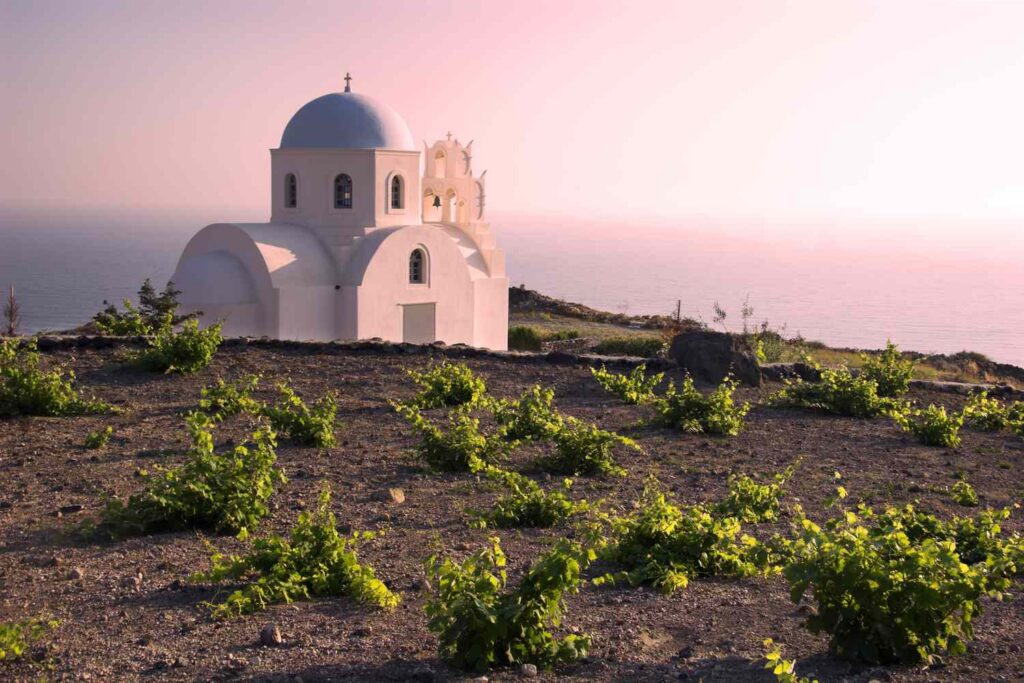 Santorini wine region in Greece with white domed church and volcanic vineyards overlooking the Aegean Sea